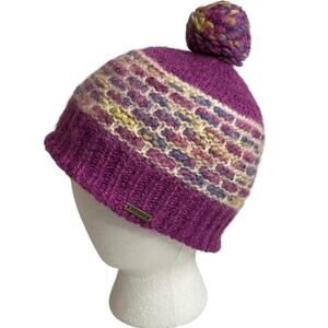 PrAna Francesca Wool Beanie Purple Fleece Lined Pom Pom Hat One Size Boho Ski